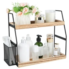 Bathroom Counter Organizer, 2-Tier Standing Storage Shelf with Basket, Wood T...