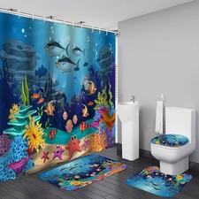 Colorful Fish Underwater Shower Curtain Set, 4 Piece Bathroom Decor with 12 H...