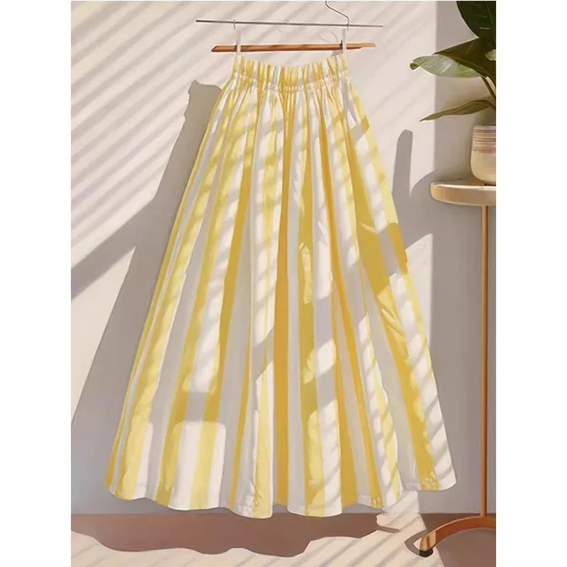 Fashion Women Clothing Temperament Patchwork Striped Elastic Waist A-line Skirt
