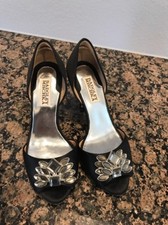 Badgley Mischka Black Satin Jeweled Peep Toe Formal Heels 6 M