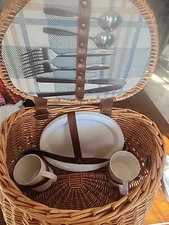 Vintage Large Wicker Picnic Basket Set for 2. Plates, Flatware And Cups 