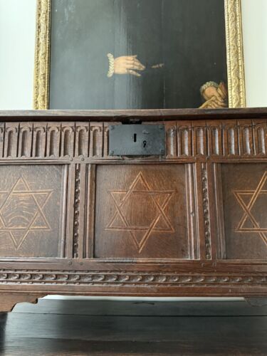 Antique 17th Century Carved Oak Transitional Coffer With Inlaid Star Design - Picture 3 of 20