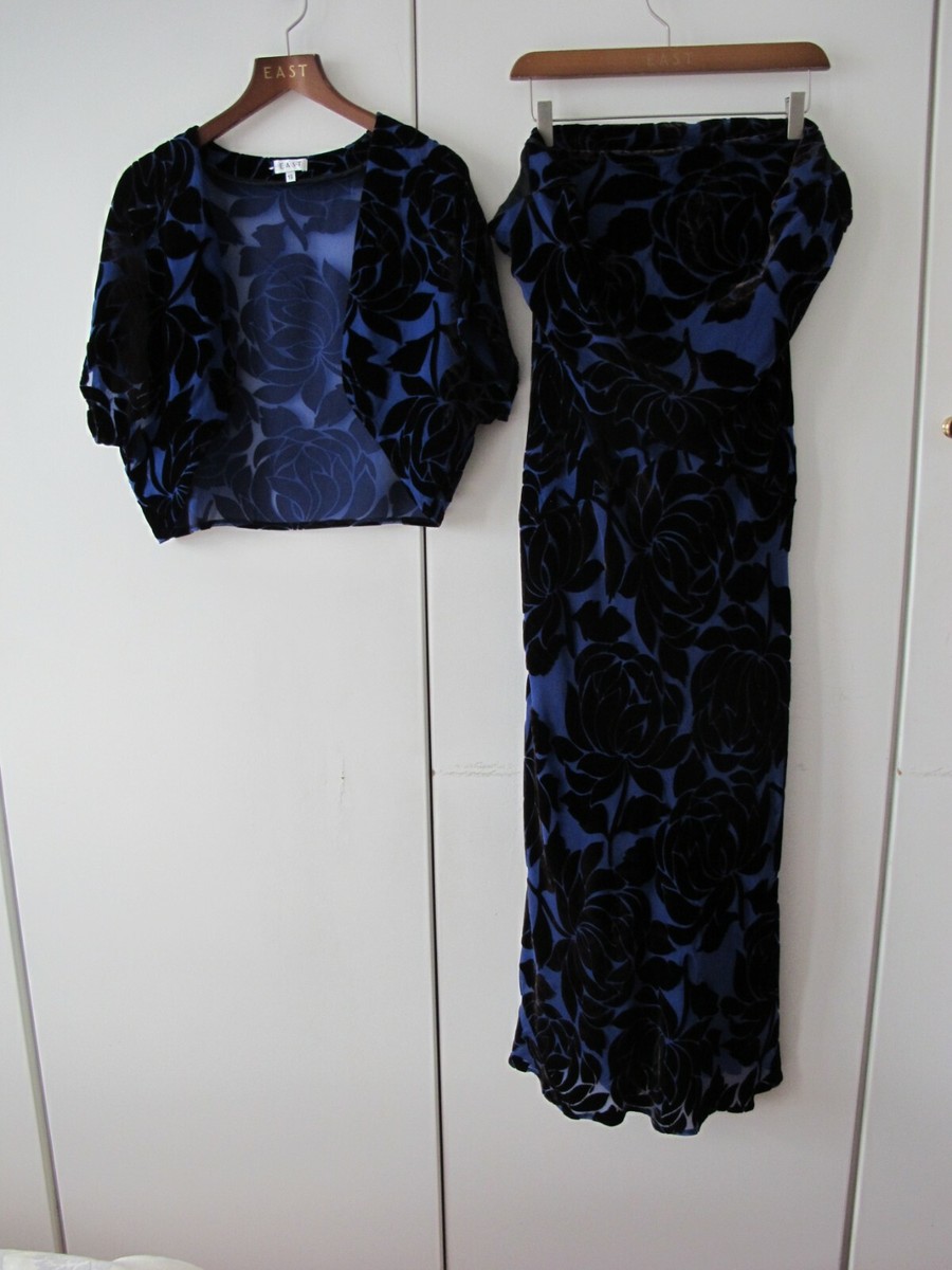 EAST SILK VELVET DEVORE ROYAL BLUE BLACK SHRUG DRESS PARTY