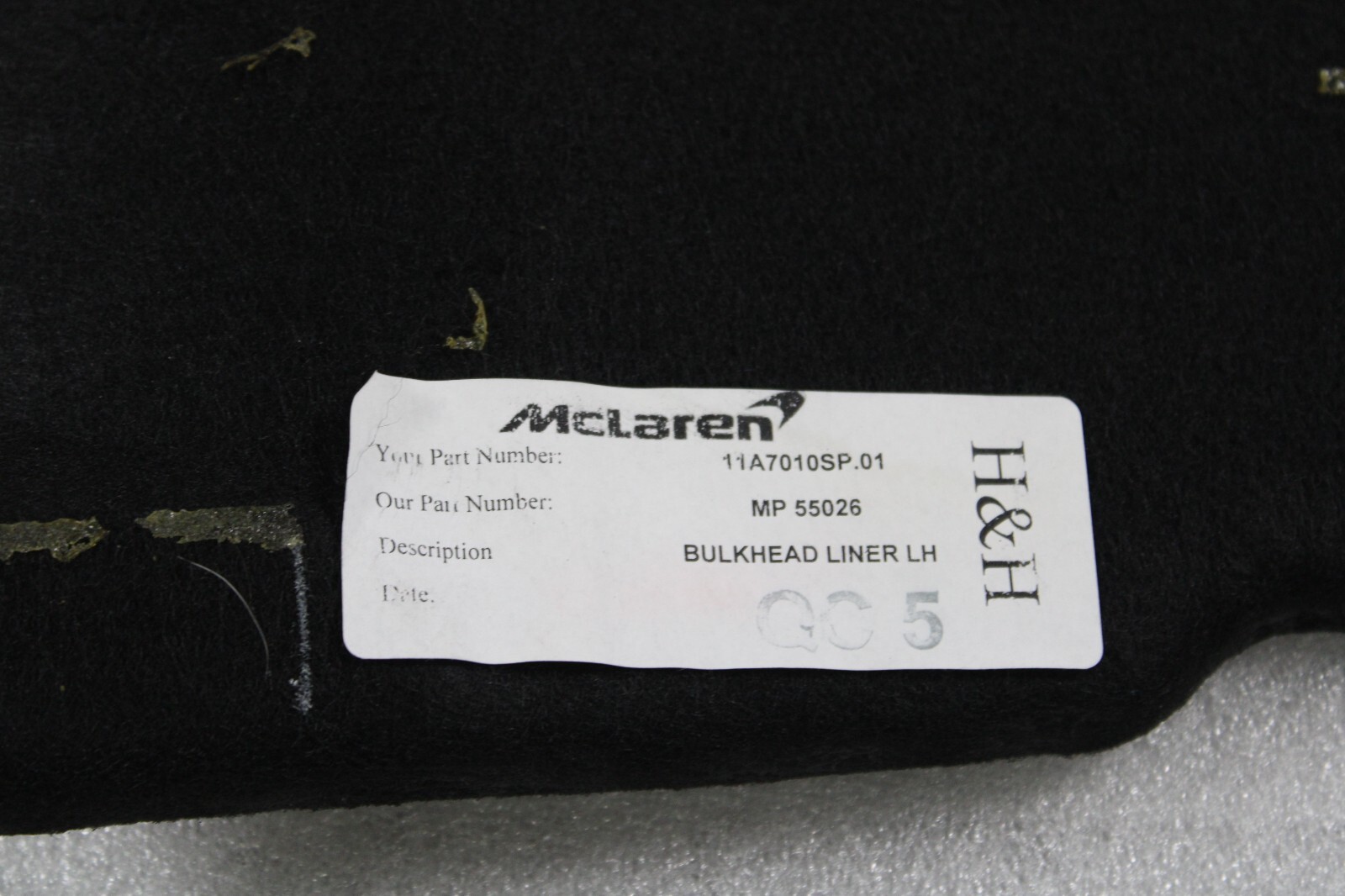 Mclaren MP4-12C, LH, Left, Inner Tonnue Carpet, Used, P/N 11A7010SP