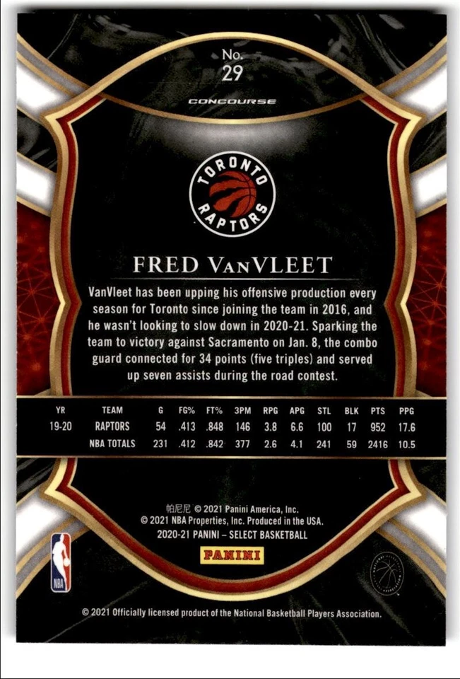 2020-21 Panini Select Retail Blue Fred VanVleet #29 Toronto Raptors - Image 2 of 2