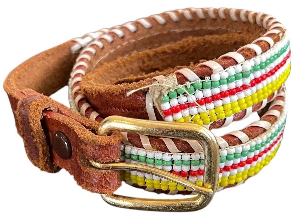 Vintage Handmade Beaded Stretch Belt Wood Buckle Southwest Indian Tribal Boho Vintage Wide Glass Bead Stretch Belt Boho Wood Buckle  main image 4