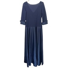 JS Collections | Blue Satin Formal Satin Evening Gown Ribbed Sheer Top Dress 8