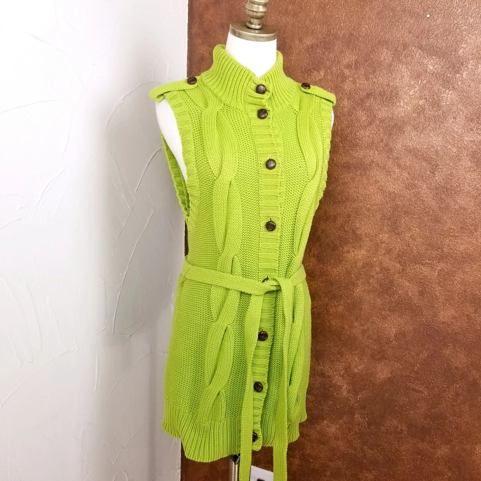 Cárdigan suéter sin mangas Peter Nygard para mujer talla M verde cinturón con botones Foto 2 de 4