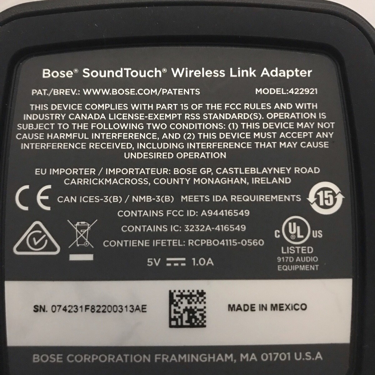 Bose SoundTouch Wireless Link Adapter Model 422921 Bluetooth