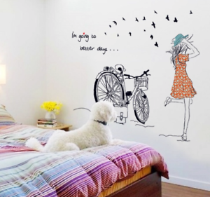 Lovely Girl Bicycle lVinyl Home Room Decor Wall Sticker Bedroom Removable Mural