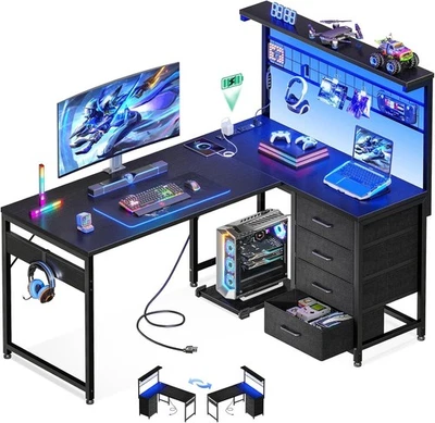 MOTPK L Shaped Gaming Desk with Shelf & 4 Drawers, 43" Reversible Computer Desk