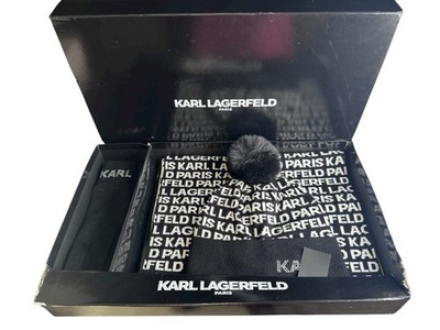 Karl Lagerfeld 3 Pc Winter Set Gloves Beanie Scarf Rhinestones Faux Fur Pom Logo