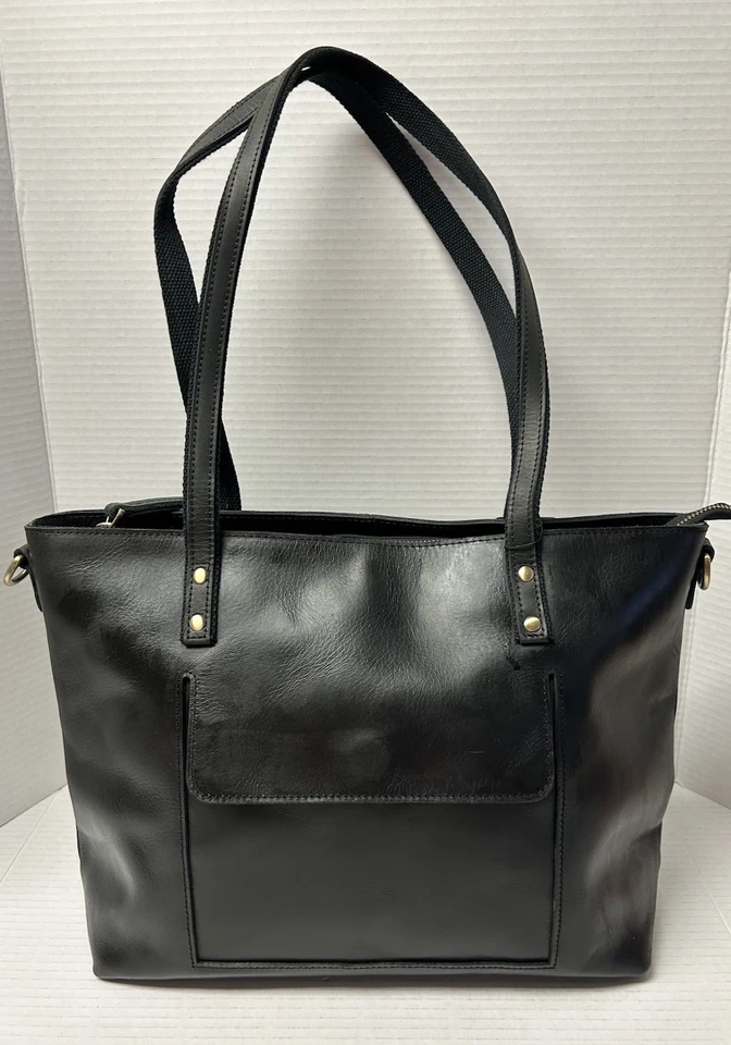 S-ZONE Women Genuine Leather Satchel Double Shoulder Straps Daily Tote Black - Image 2 of 4