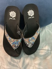 LADIES SIZE 7.5 RHINESTONE WEDGE FLIP FLOPS BY YELLOW BOX