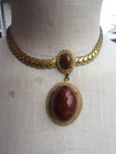 Vintage Miriam Haskell Wide Chain Brown Swirl Lucite Cabochon Pendant Necklace