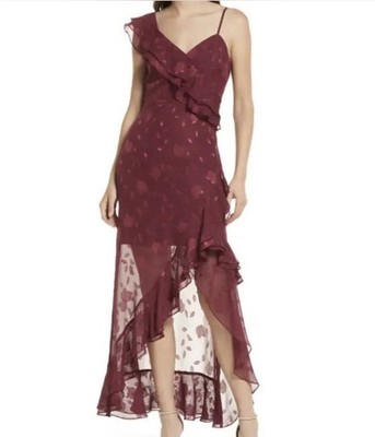 Lulu s Maxi Dress Forever Be Burgundy Floral Ruffle Jacquard Sz M Romantic Fairy