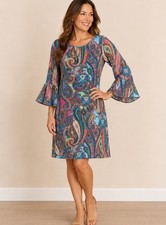 Tommy Hilfiger Paisley Bell Sleeve Shift Dress Size 8 Aqua Blue Pink Boho