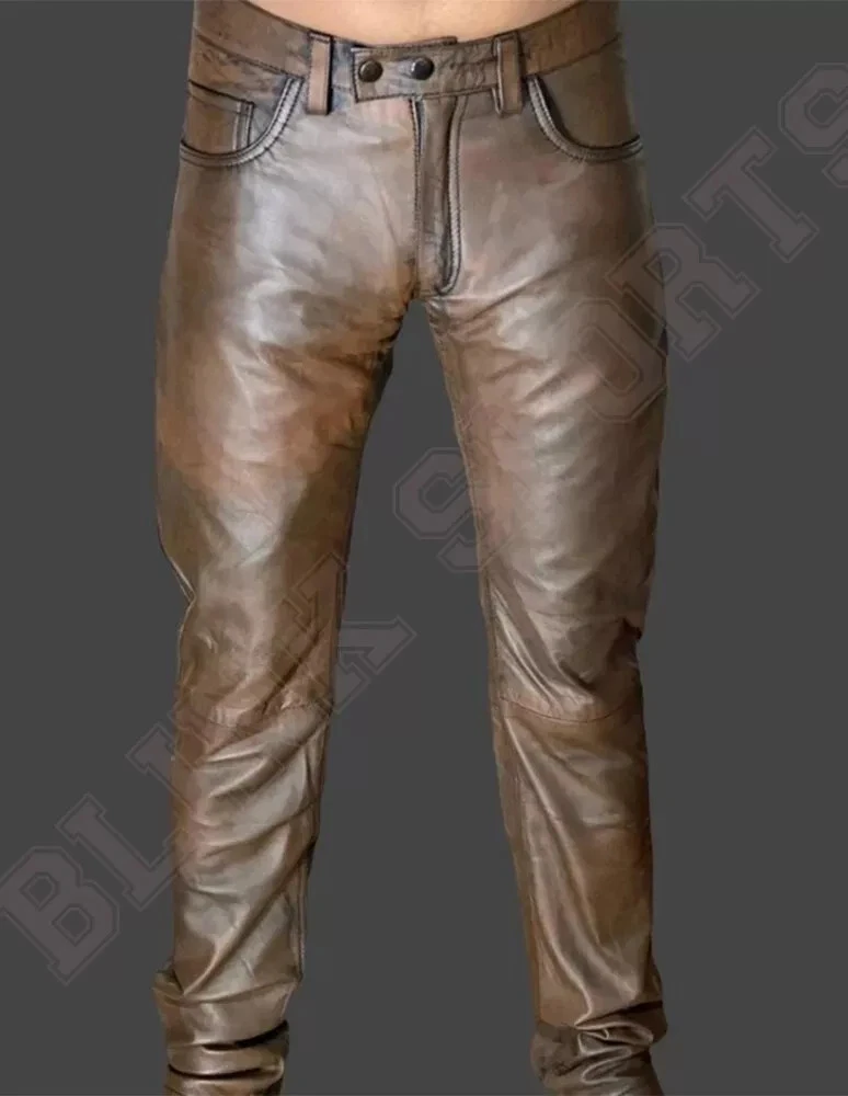 Men's Brown Genuine Leather Biker Pants Real Sheep Leather Vintage Waxed