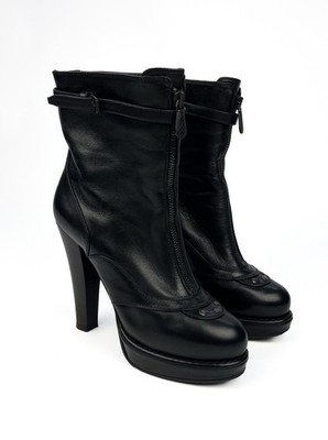 Bottega Veneta Black Leather Platform Ankle Boots Block Heel EU 37 US 6.5 Italy