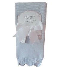 Baby Blanket BONBINI Crib Blanket 100% Natural Cotton Blue White Zigzag Pattern