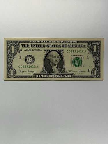Banconota anno 2012 tripla 7s banconota da un dollaro $1 numero di serie fantasia C07772012A 2017 - Foto 6 di 10