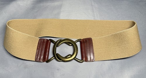 Ralph Lauren Wide Elastic Stretch Belt Beige Khaki Brass Buckle Size Large