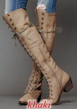 Women Lace Up Block Chunky Heels Knee High Riding Boots Roman Solid Shoes Punk