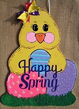 HAPPY SPRING CHICK w/EGGS SIGN Wall Art Door Hanger PLAQUE Seasonal Spring Decor