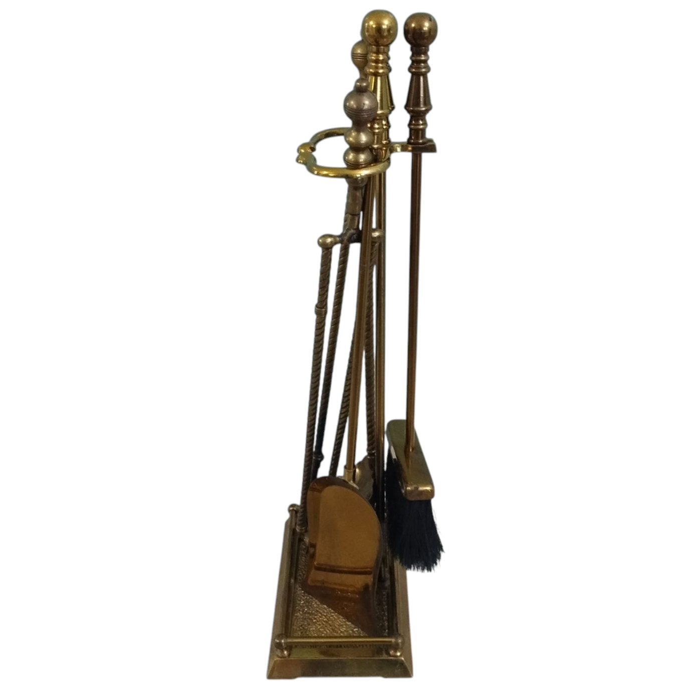 Vintage Mixed Brass Fireplace Tool Set and Stand 6 pc