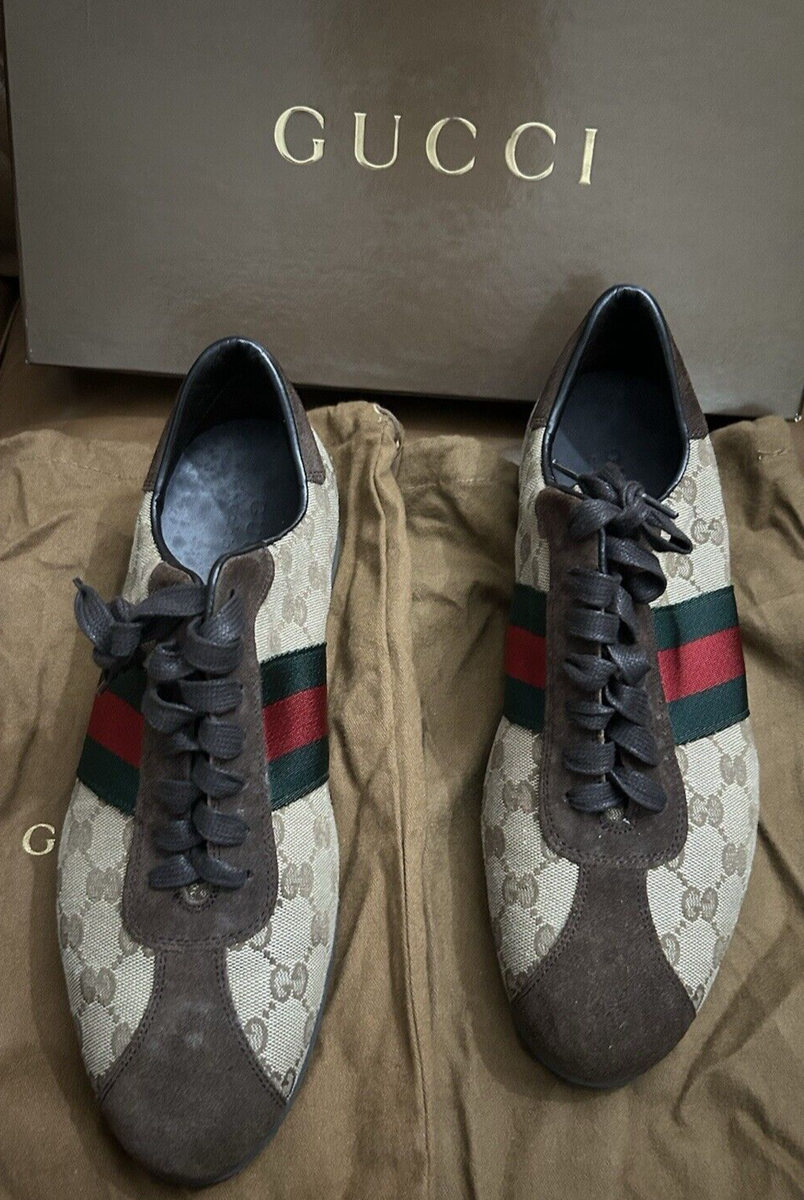 PRE-OWNED ORIGINAL GUCCI BEIGE/EBONY GG SUEDE NST LYON LACE  display picture 1