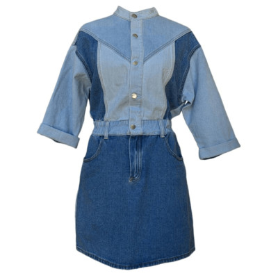 Driftwood Blue Denim Fabric Mini Dress Bianca  Colorblock Button Size M Flatter