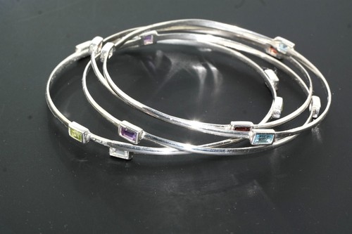 5pc Sterling Silver Bangle Bracelets Peridot Garnet Citrine Blue Topaz Amethyst