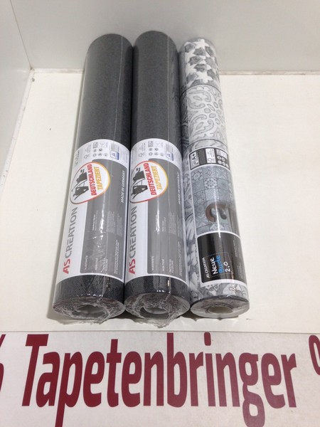 Vliestapete As 2X 37555-4 1X 36205-3 (3Rollen) Uni Schwarz Fliesenmuster Creme-image