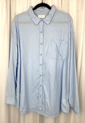 Risen Los Angeles Plus Sz 1XL Blue Linen Blend Long Sleeve Button Up Blouse