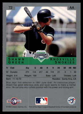 1993 Classic Best Shawn Green #72 Knoxville Smokies Baseball Card
