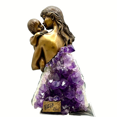 MOTHER & CHILD STATUE Bronze W/Semi-Precious Amethyst stone by Jose Luis SPAIN N