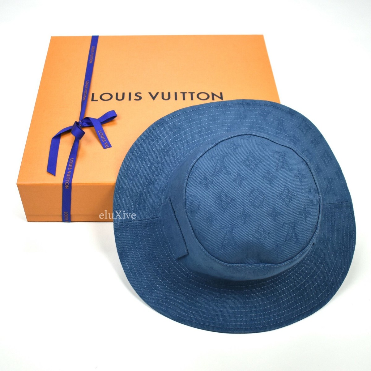 NWT Louis Vuitton 2022 Blue Monogram Denim Wide Brim Bucket Hat