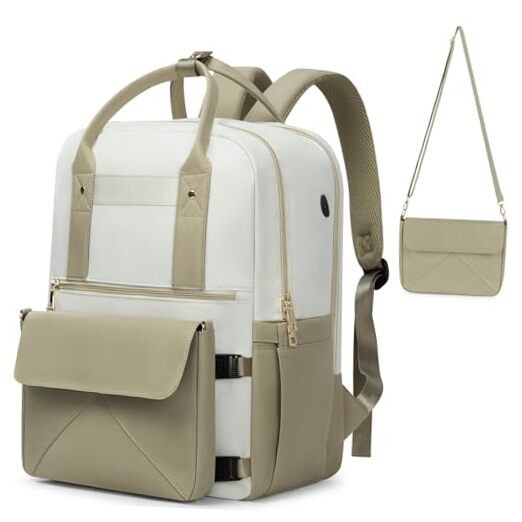 Women's 15.6 Inch Laptop Backpack with USB Port in Khaki-White