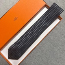 Hermes Gray/Navy Blue H Pattern Silk Tie Excellent Condition