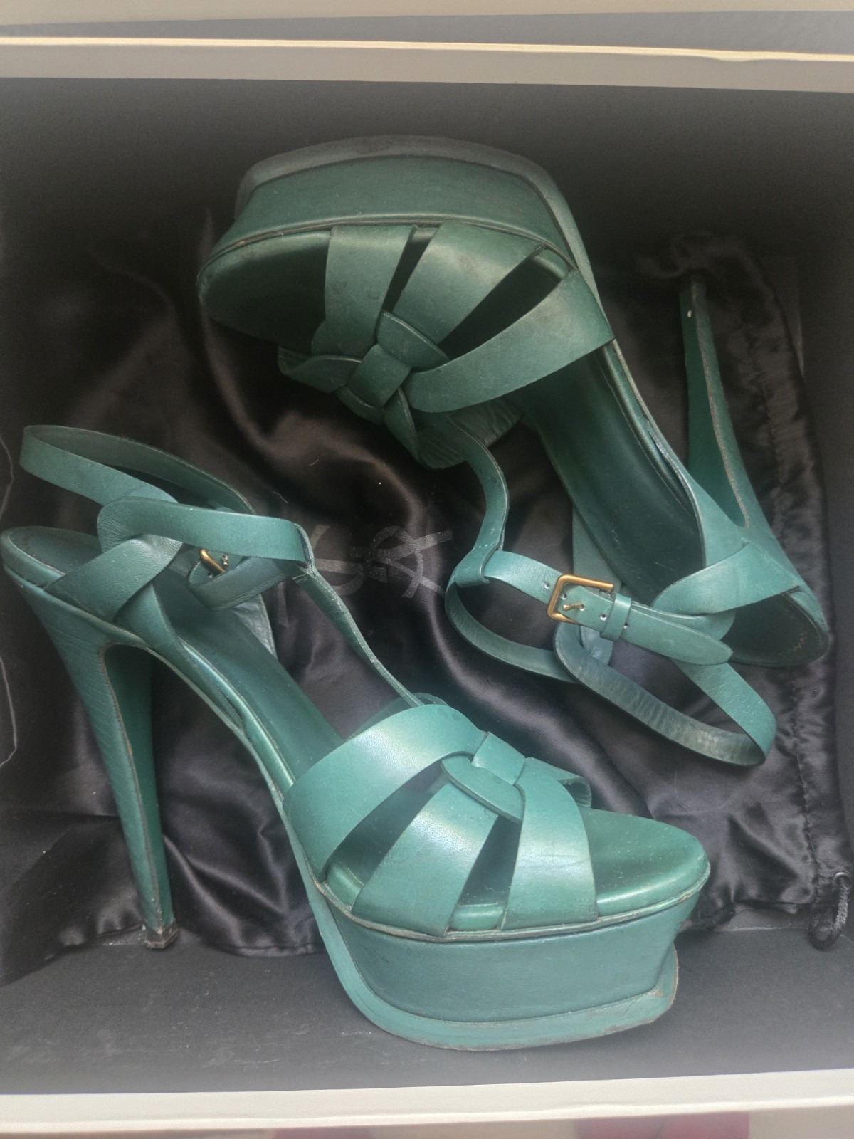 YSL Saint Laurent Tribute Tacchi 38 5 Verde Smeraldo Rara Pompa in Pelle Intrecciata...