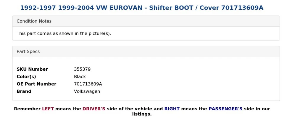 VW EUROVAN 1992-1997 1999-2004 - ARRANQUE / cubierta de palanca de cambios 701713609A Foto 3 de 4
