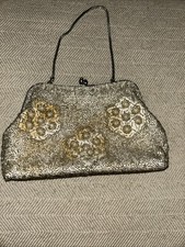 Black Beaded Faux Pearl Evening Handbag with Silver Hardware and Chain