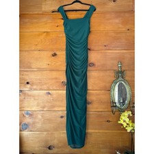 Lulus Amazing Presence Dark Green Mesh Ruched Column Maxi Dress Wedding Size S
