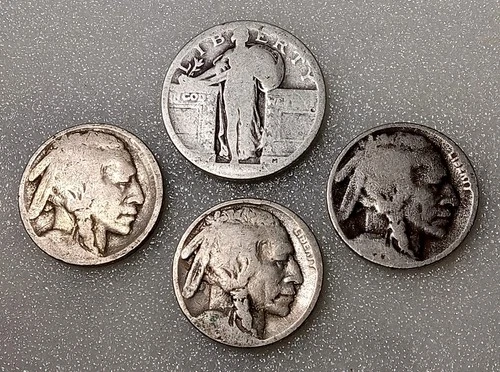 Standing Liberty Quarter - 90% Silver + (3) Buffalo Nickels - No Dates FREE SHIP