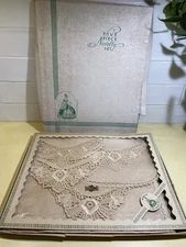 Vintage Natural Linen Table Runner Doily Box Set 5 Pc Butterflies & Florals New