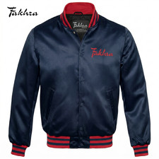 Navy Red Satin Polyester Varsity Letterman College Baseball Bomber Jacket Unisex