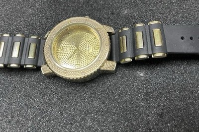 Techno Quartz Analog Gold-Tone Round Watch Black Rubber Strap Arabic Dial