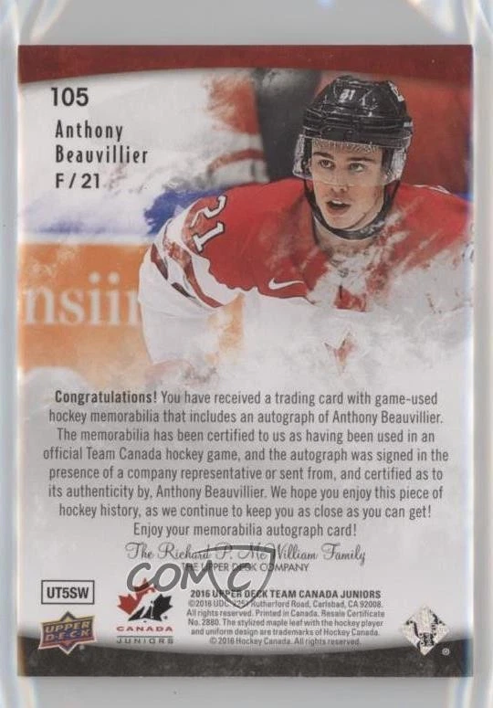 2016 Team Canada Juniors Jerseys Anthony Beauvillier RPA Rookie Patch Auto RC - Image 2 of 2