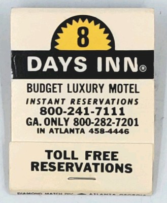 8 Days Inn Lodge Matchbook Match Box Vtg Matches Hotel Atlanta Georgia Unstruck