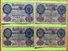 1907 1908 1909 1910 Germany German 20 Mark Reichsbanknote LOT of 4 Bills